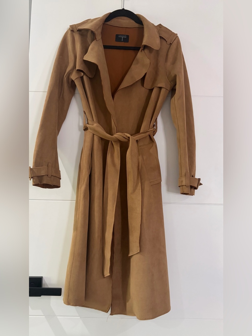 Tahari Camel Soft Suede Like Brown Trench Coat with Belt, Women’s S/M Long Jckt